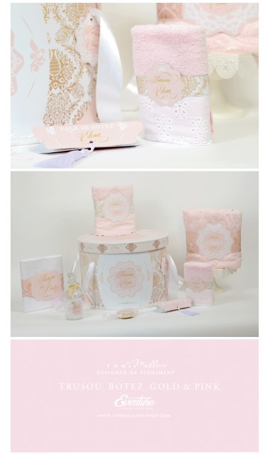 Trusou de botez clasic si elegant in nuante de alb, roz si auriu, Lacy 2